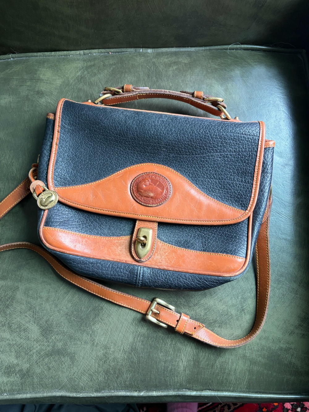 Vintage Dooney & Bourke Pebbled Black and Brown Leather Crossbody Satchel